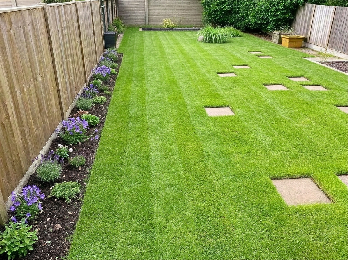 Overgrown back-garden lawn cut and tidied — after