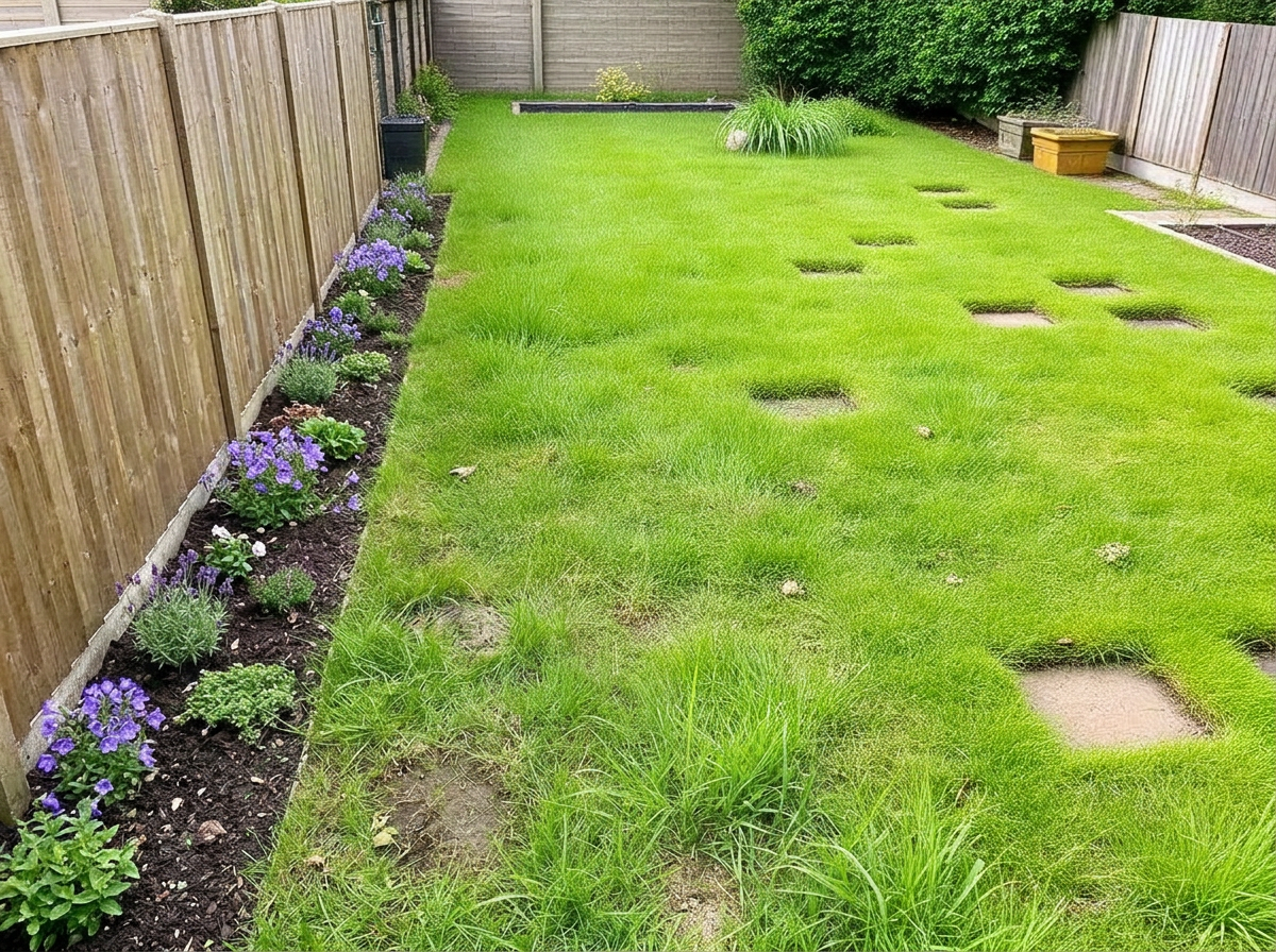 Overgrown back-garden lawn cut and tidied — before