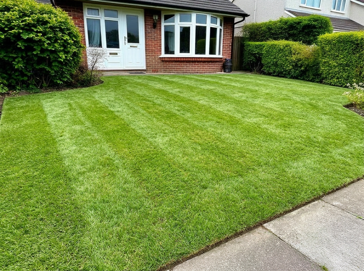 Front-garden lawn mowed and edged — after