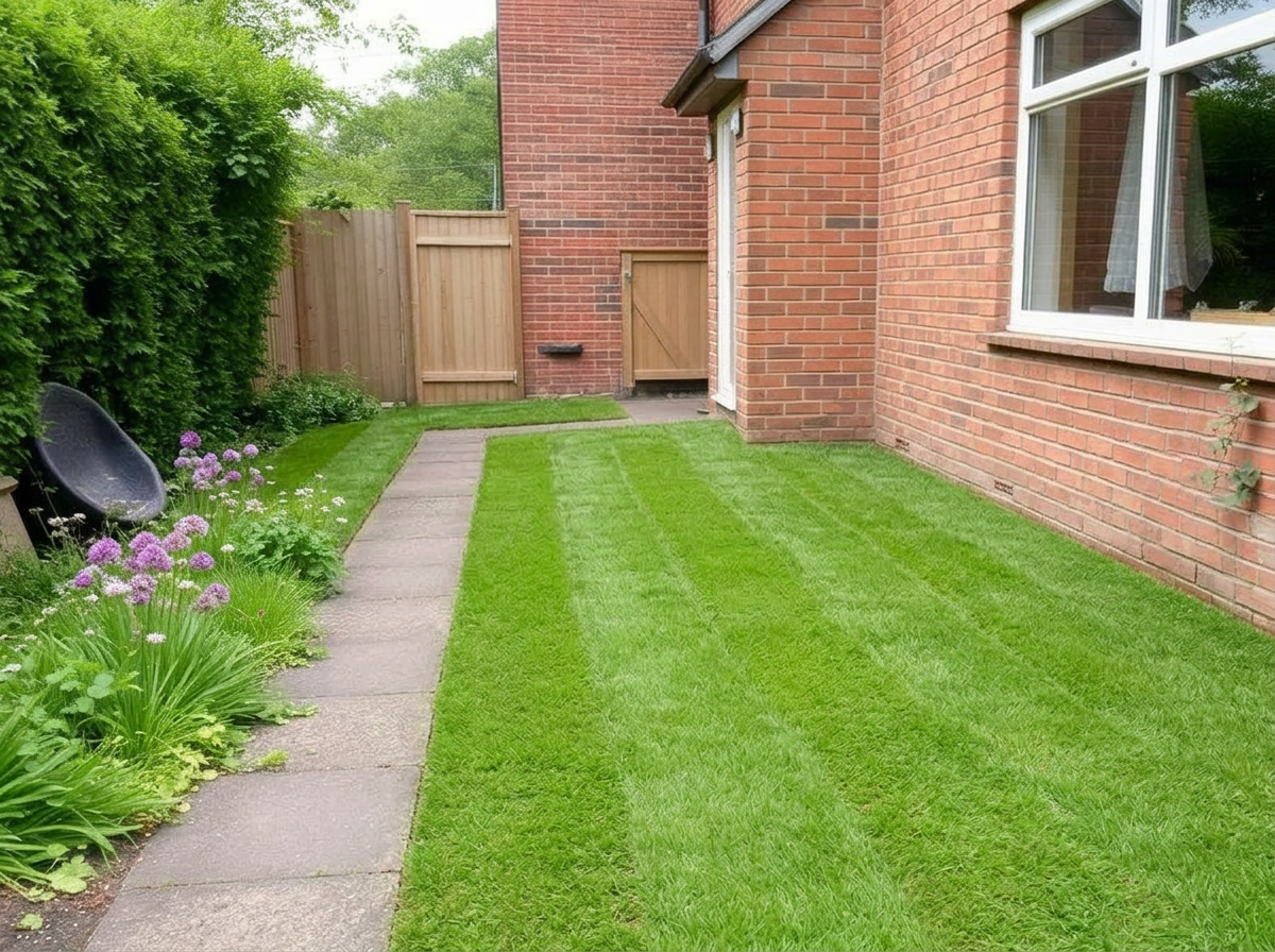 Side-garden lawn cut and trimmed — after