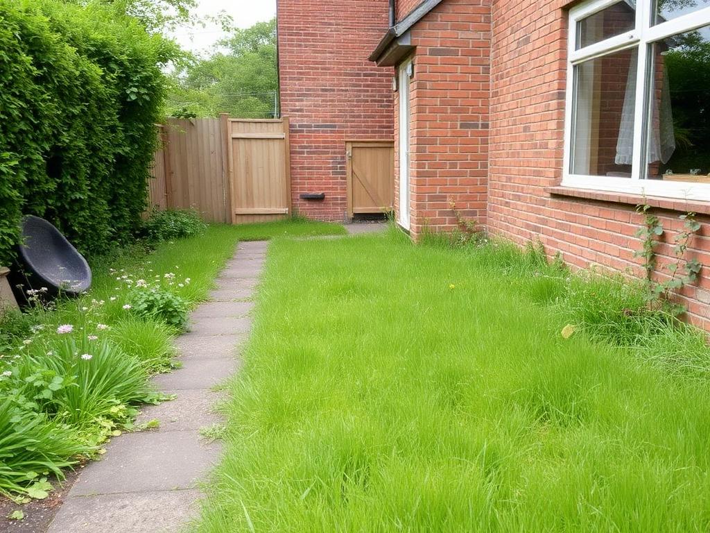Side-garden lawn cut and trimmed — before