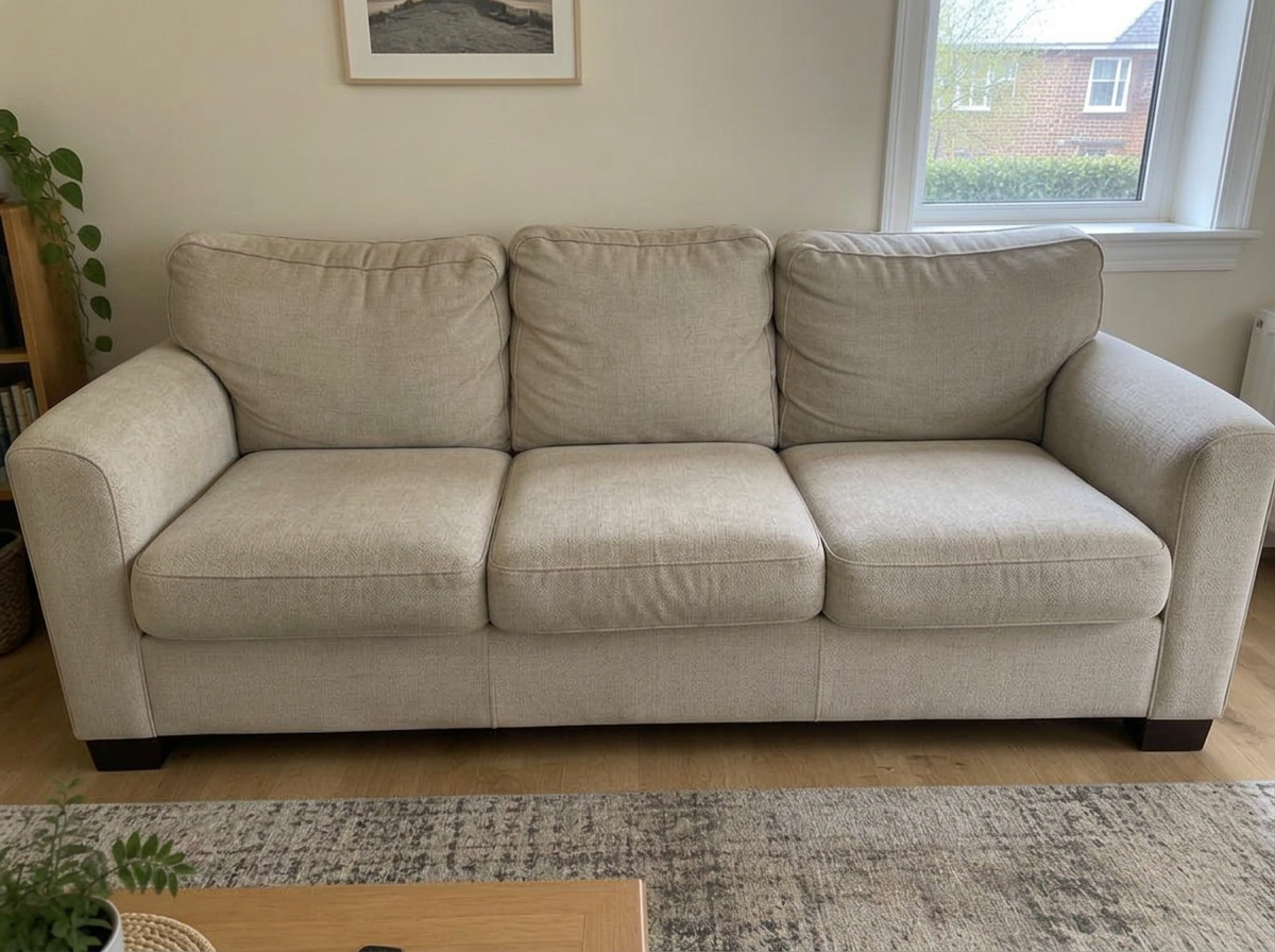 Stained beige fabric sofa deep cleaned — after