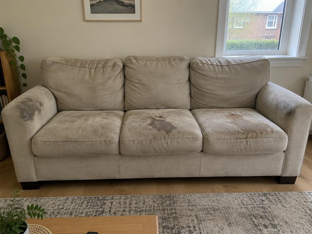 Stained beige fabric sofa deep cleaned — before