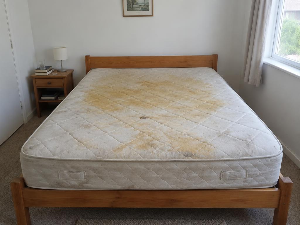 Discoloured mattress deep cleaned — before